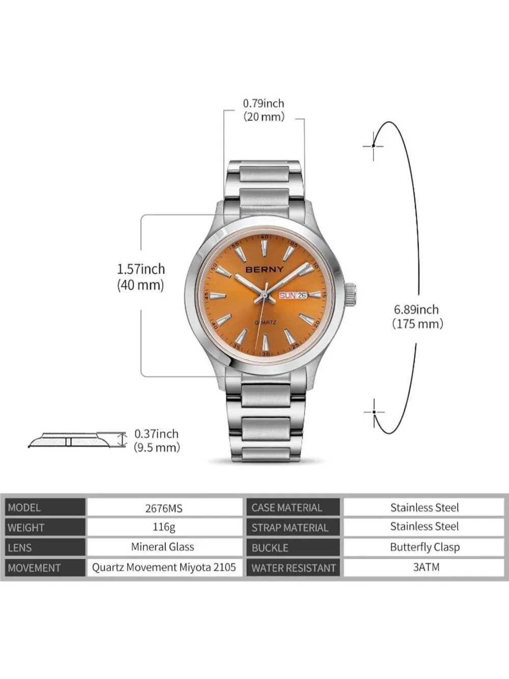 Mens Orange Stainless Steel Quartz Waterproof Luminous Silver-Tone Classic Watch
